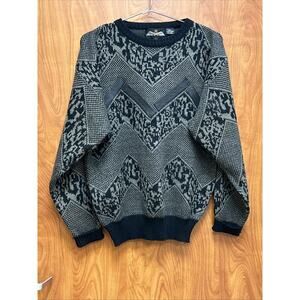 VTG 80s Leather Trim Geometric Pattern Sweater Adult Medium Gray Chunky Knit
